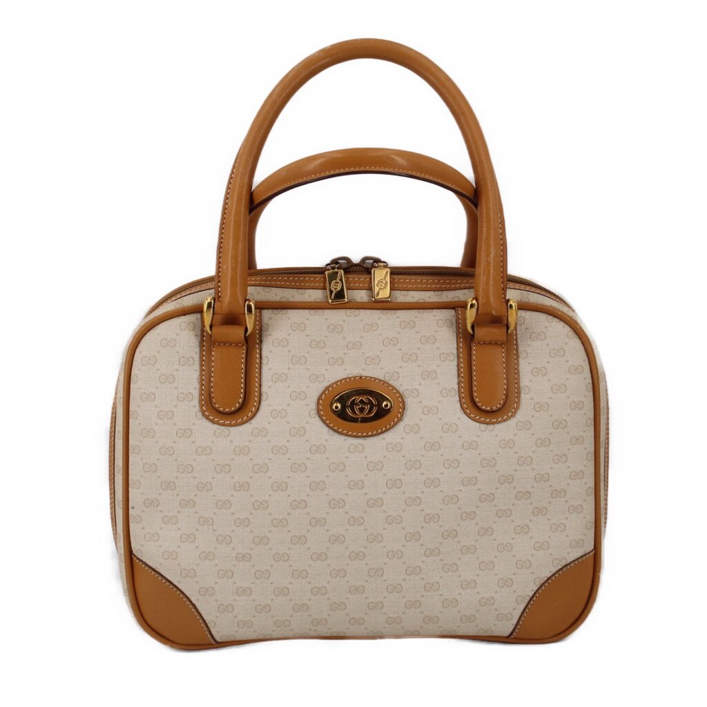 Beige vintage handle bag with G-pattern canvas, tan leather trim, double top handles