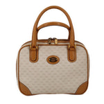 Beige vintage handle bag with G-pattern canvas, tan leather trim, double top handles