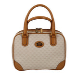 Beige vintage handle bag with G-pattern canvas, tan leather trim, double top handles