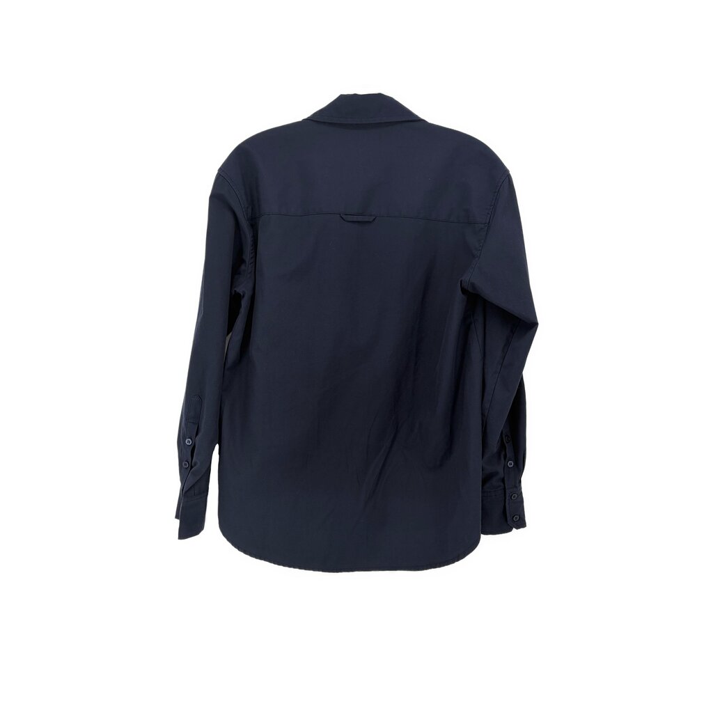 Navy long-sleeve button-up shirt, back view with yoke and flap pocket