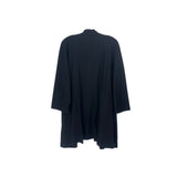 Black 3/4 sleeve cardigan with long back yoke seam, midlength hem