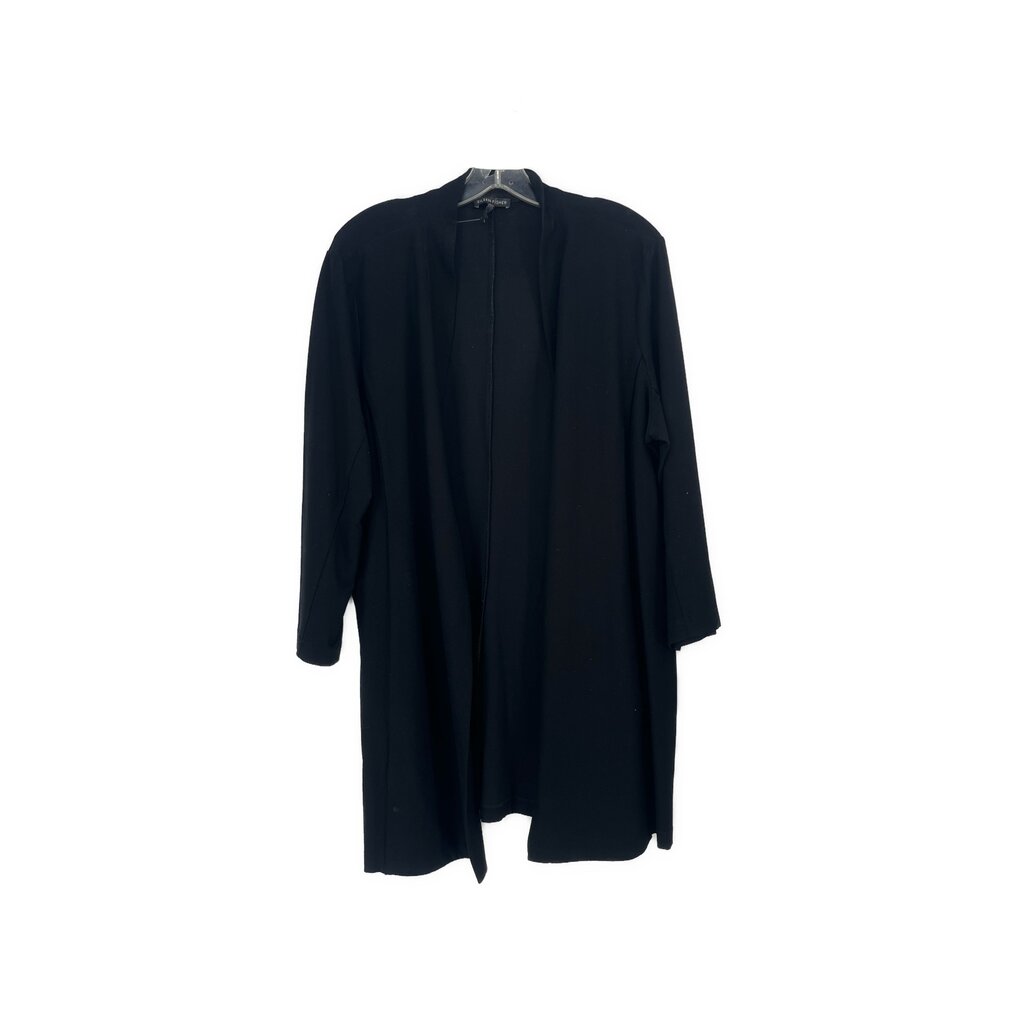Black 3/4 sleeve open-front cardigan, draped hem and midlength back