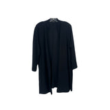 Black 3/4 sleeve open-front cardigan, draped hem and midlength back