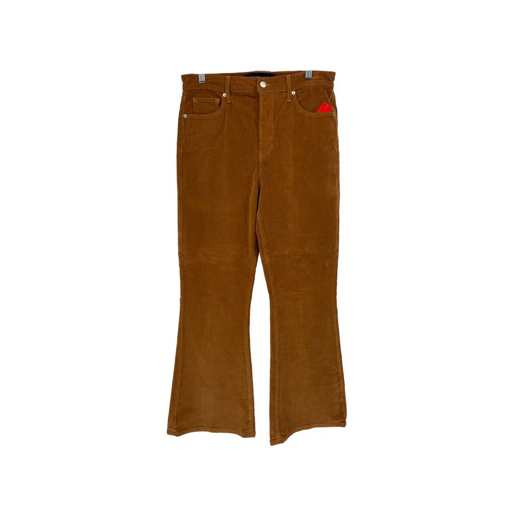 Camel corduroy pants, front button closure, belt loops, back welt pockets.