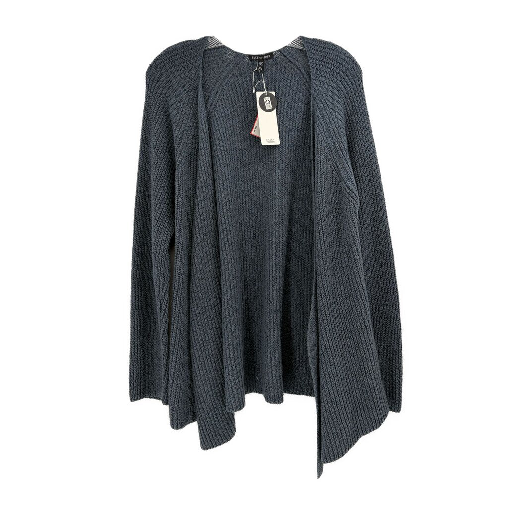 Blue ribbed knit cardigan with draped open front, long sleeves, crew neck