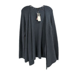 Blue ribbed knit cardigan with draped open front, long sleeves, crew neck