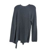 Blue ribbed knit cardigan with long sleeves, textured knit, crew neck, draped hem