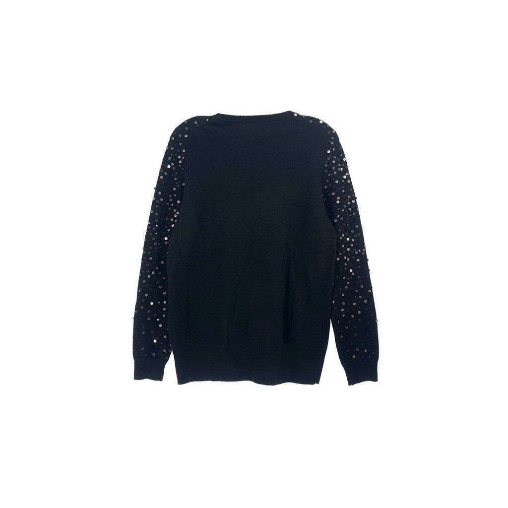 Black sequin sweater, crew neck and long sleeves, sequins on sleeves and shoulders