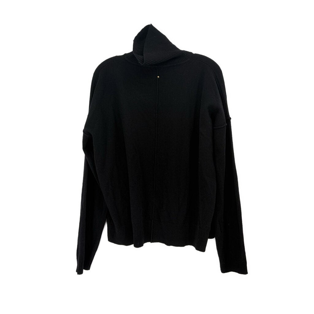Black turtleneck sweater with long sleeves, back view