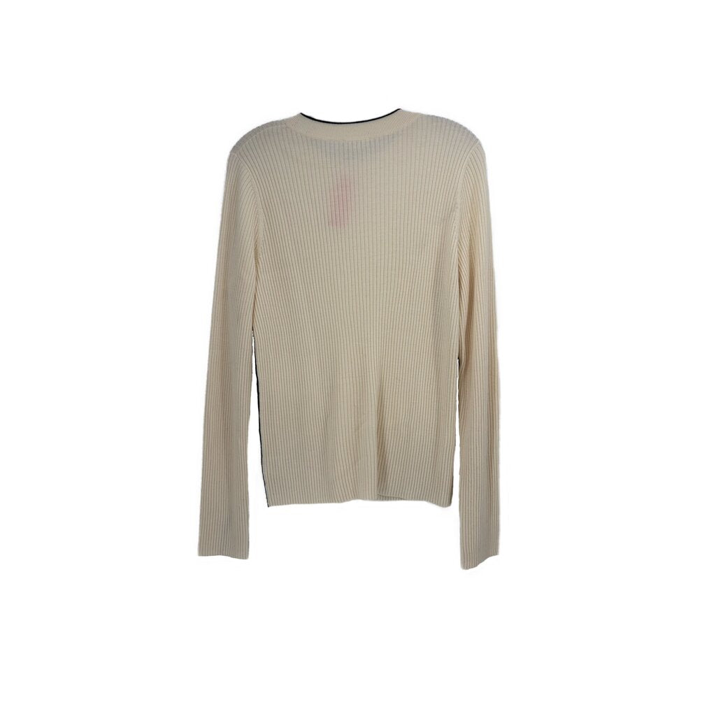 Cream ribbed knit crewneck top with long sleeves, relaxed fit