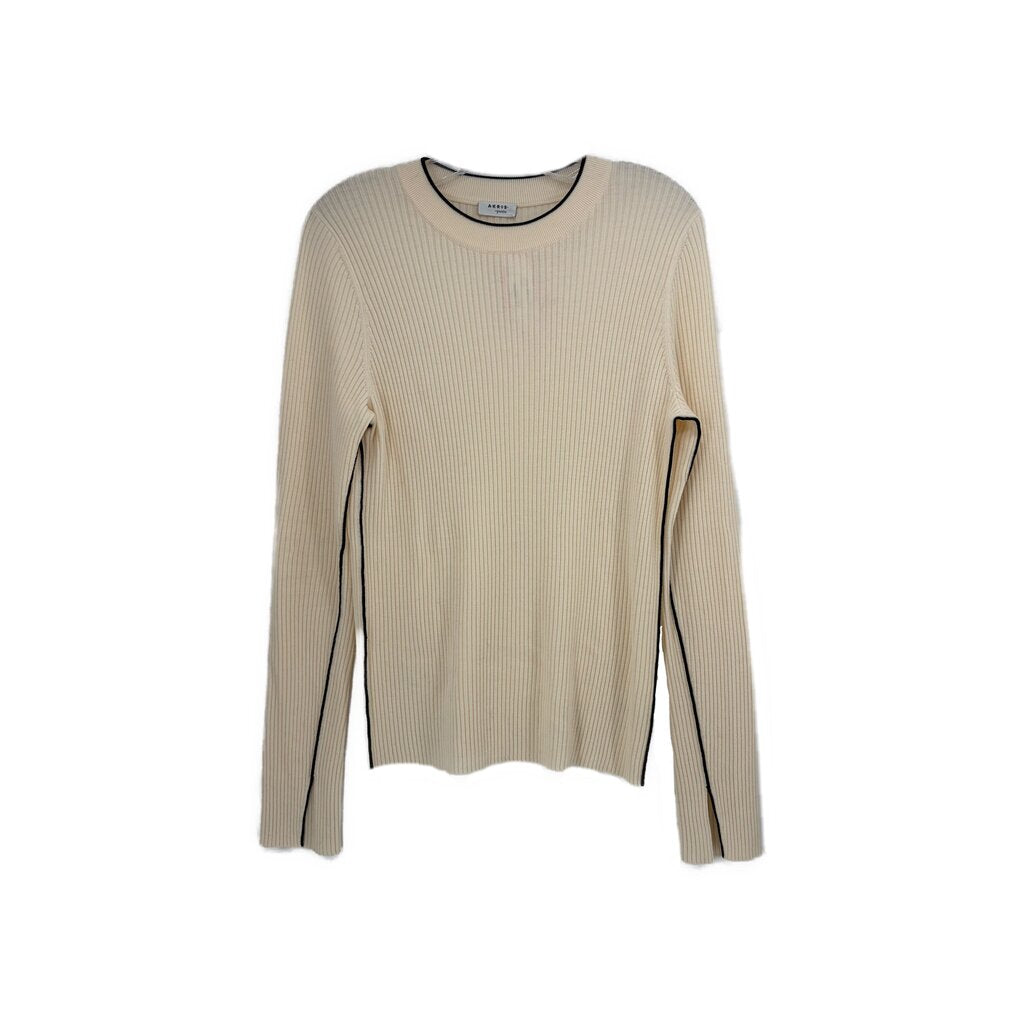 Cream ribbed knit crewneck top with long sleeves and straight hem