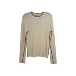 Cream ribbed knit crewneck top with long sleeves and straight hem