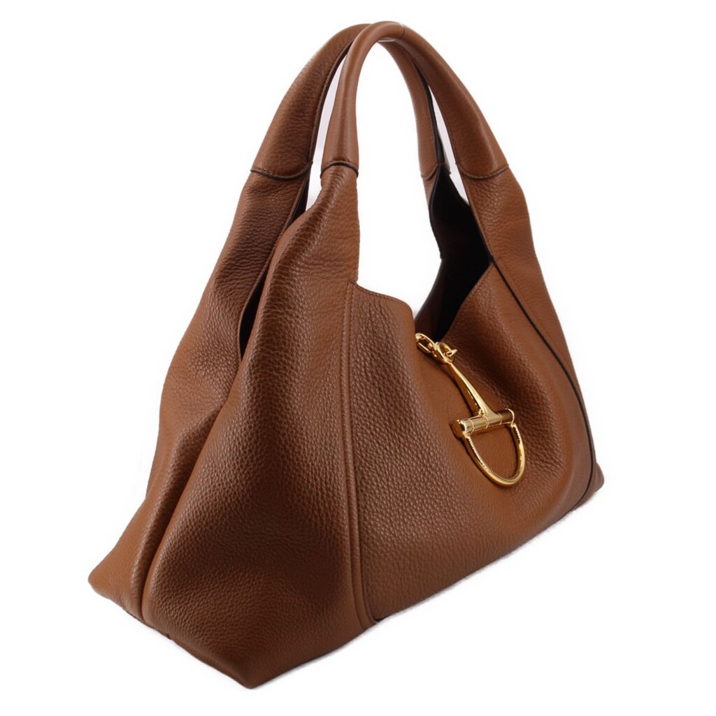 Brown leather maxi shoulder bag with gold clasp and top handles, side view