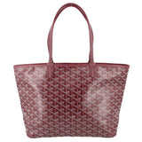 Maroon patterned tote bag with double leather handles and stitched trim
