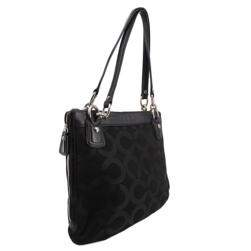 Black monogram shoulder bag with side zip pocket and long leather handles