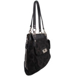 Black shoulder bag with monogram pattern, side zip pocket, and long carry handles