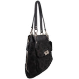 Black shoulder bag with monogram pattern, side zip pocket, and long carry handles