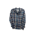 Frank/Eileen plaid button-up top, blue and tan check, long sleeves and collar