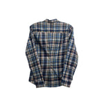 Frank/Eileen plaid top back view, blue and tan check, long sleeves
