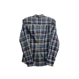 Frank/Eileen plaid top back view, blue and tan check, long sleeves