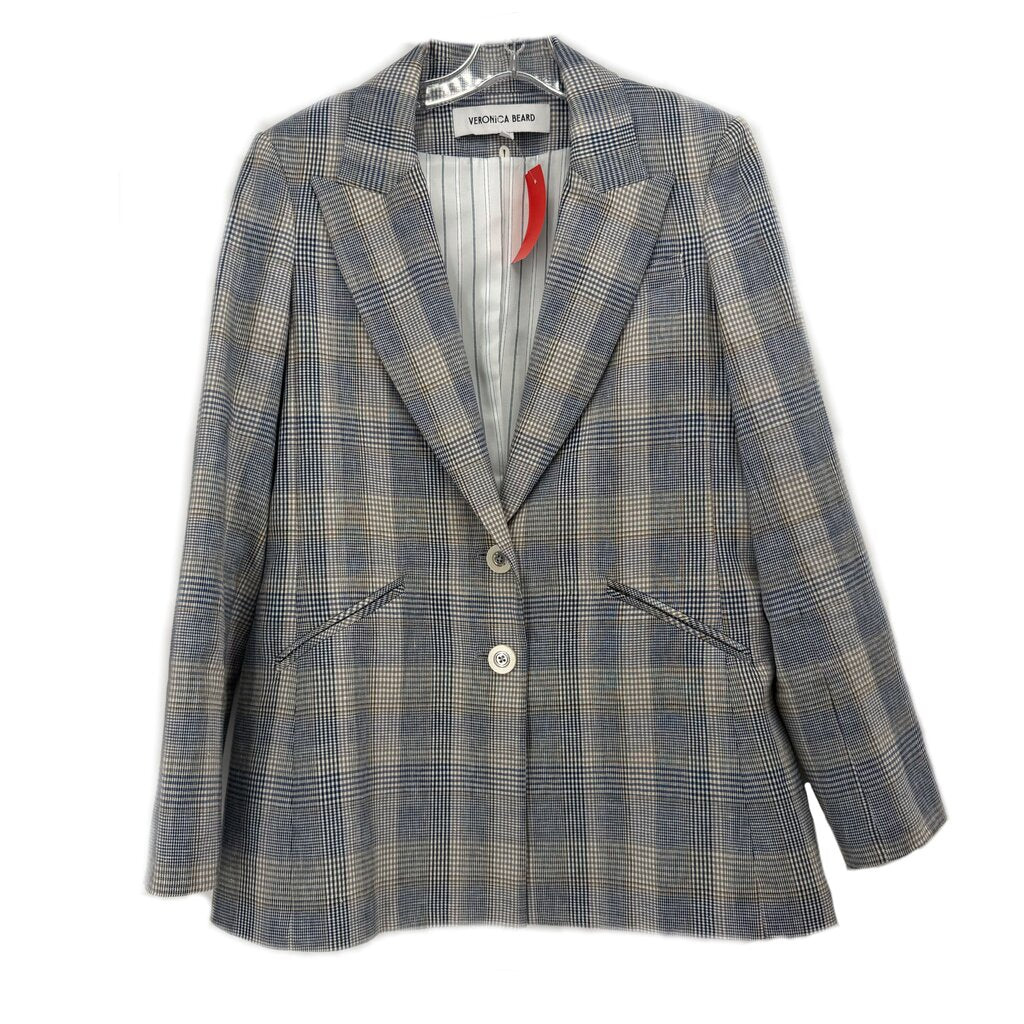 Blue plaid two-button blazer with notch lapels and flap pockets.
