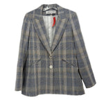 Blue plaid two-button blazer with notch lapels and flap pockets.