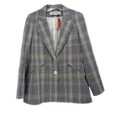 Blue plaid two-button blazer with notch lapels and flap pockets.