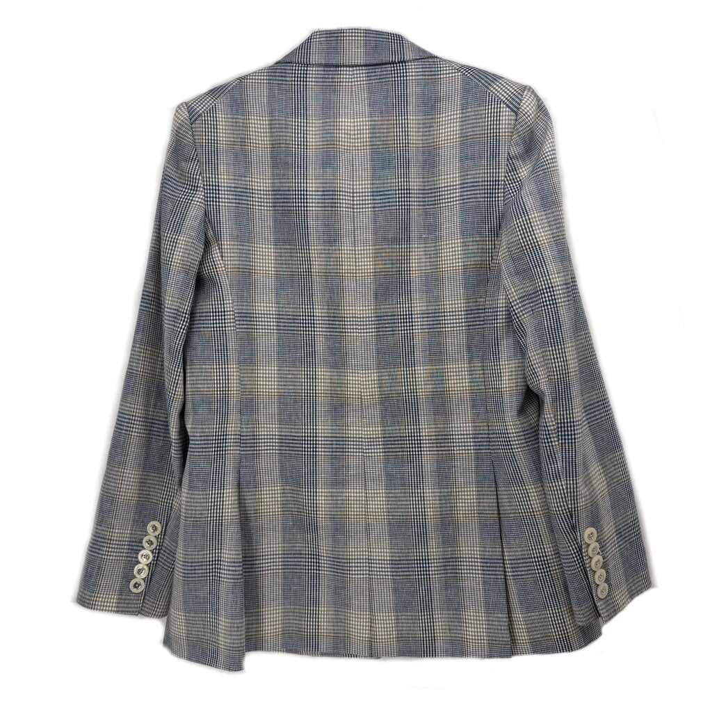 Blue plaid two-button blazer back view with buttoned cuffs.