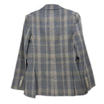 Blue plaid two-button blazer back view with buttoned cuffs.