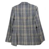 Blue plaid two-button blazer back view with buttoned cuffs.