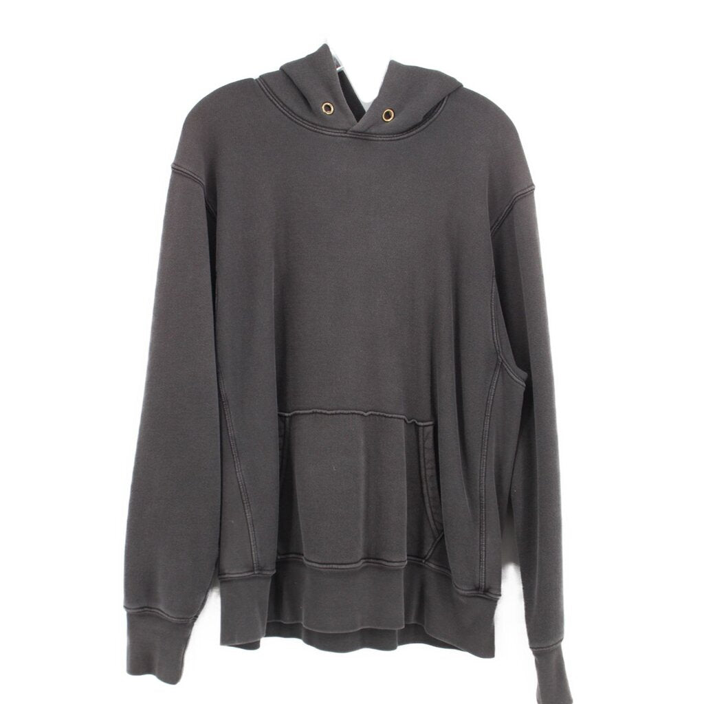 Gray pullover hoodie with hood and kangaroo pocket, long sleeves