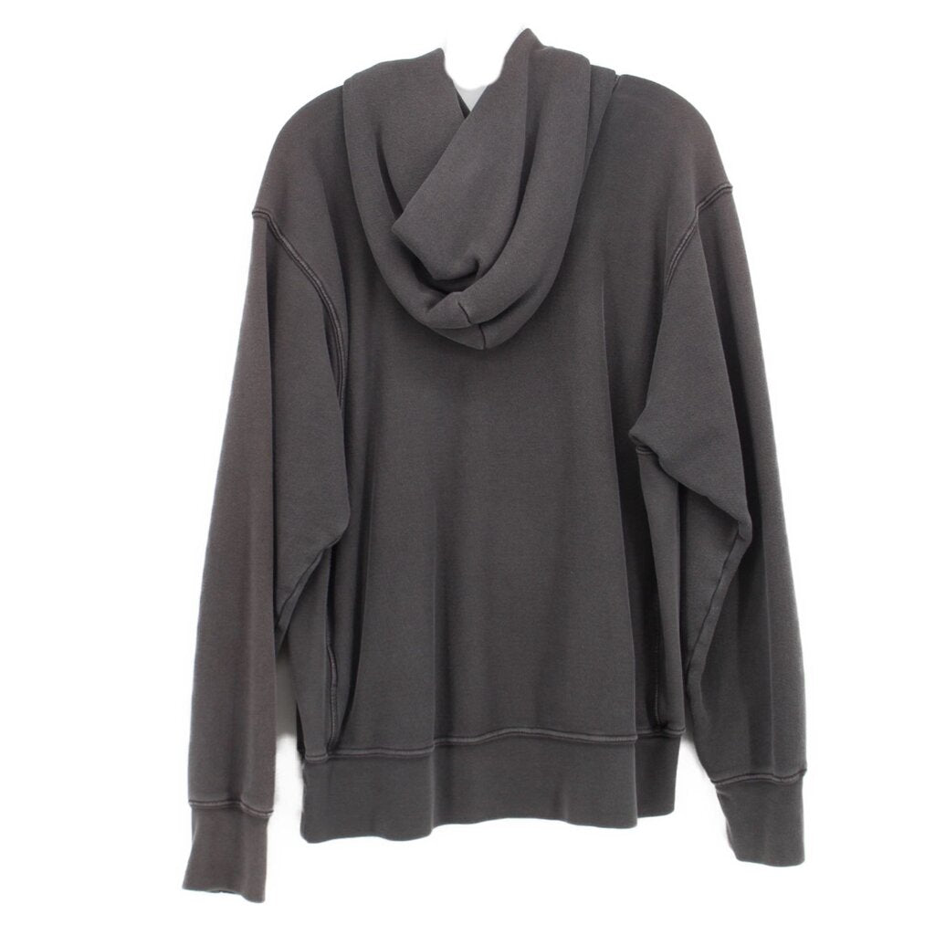Gray pullover hoodie with hood, long sleeves and stitched panel details