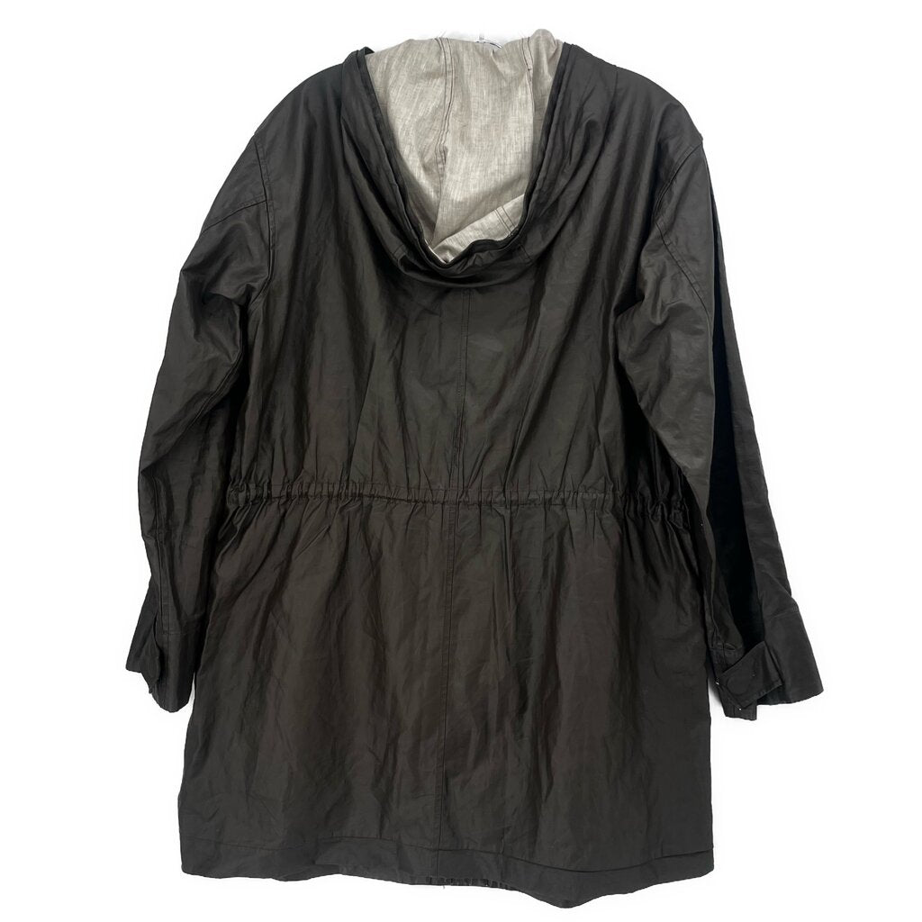 Dark hooded raincoat with drawstring neck, front zipper, gathered waist, long sleeves