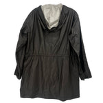 Dark hooded raincoat with drawstring neck, front zipper, gathered waist, long sleeves