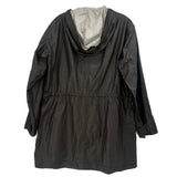 Dark hooded raincoat with drawstring neck, front zipper, gathered waist, long sleeves