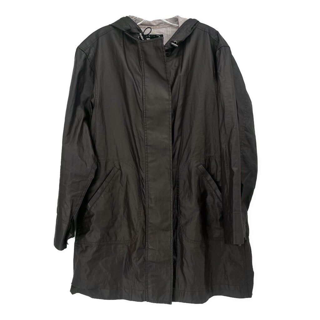 Dark raincoat with hood, front zipper and flap pockets, long sleeves