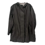 Dark raincoat with hood, front zipper and flap pockets, long sleeves