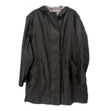 Dark raincoat with hood, front zipper and flap pockets, long sleeves