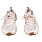Pair of white lace-up sneakers with mauve heel trim and textured toe panel
