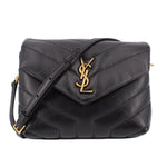 Black quilted leather crossbody bag with YSL logo and adjustable strap