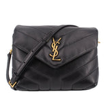 Black quilted leather crossbody bag with YSL logo and adjustable strap