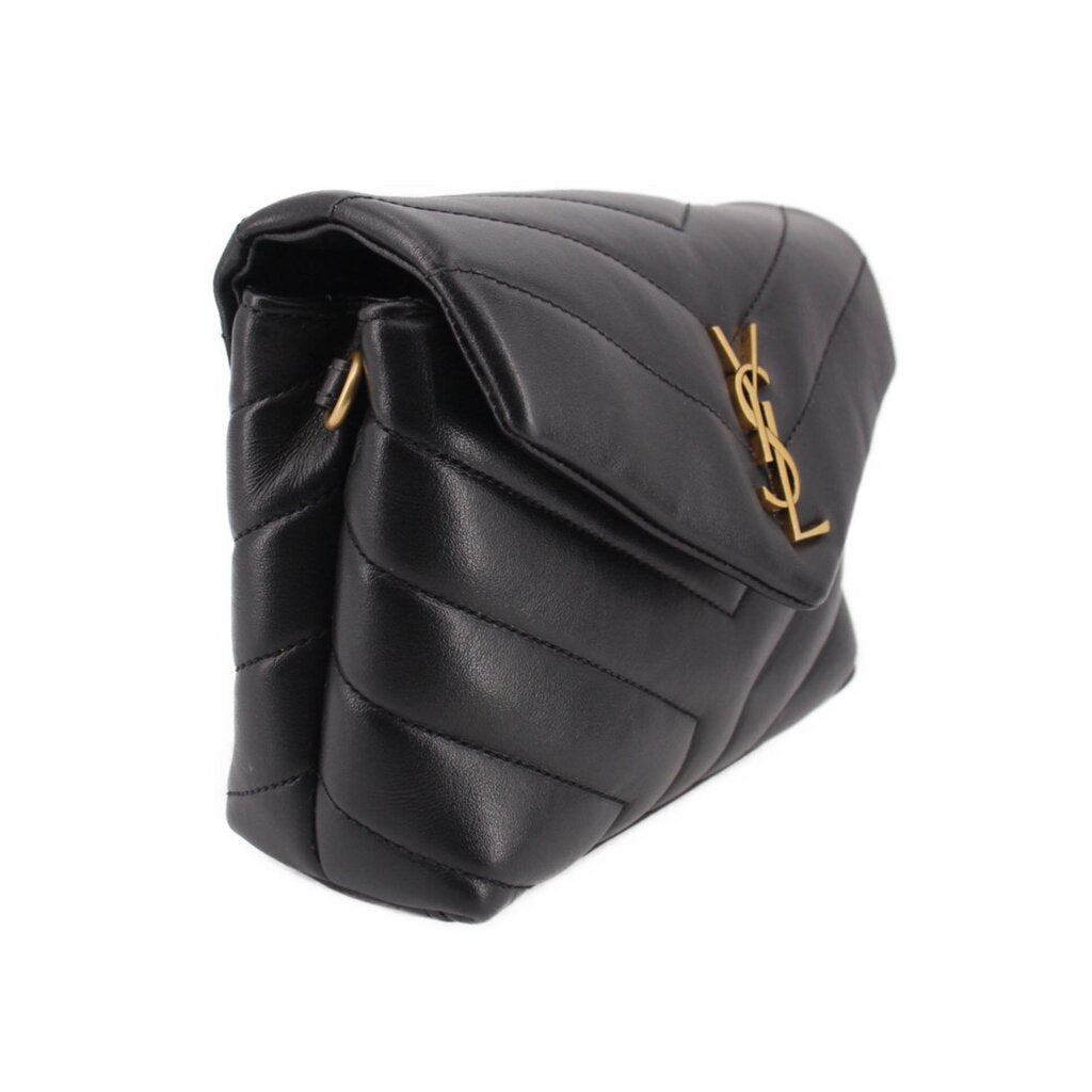 Black quilted leather crossbody bag, side view with YSL logo