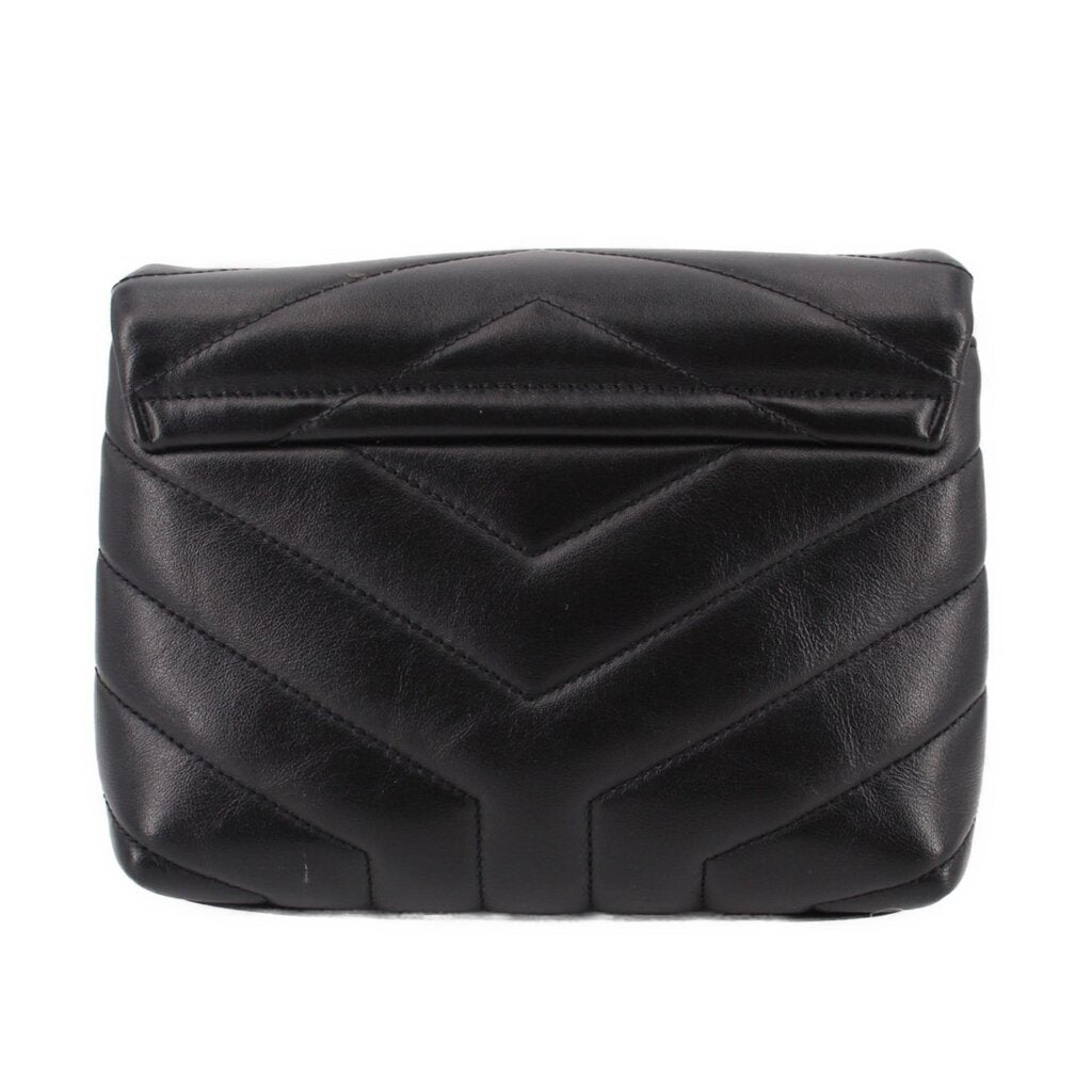 Black quilted leather crossbody bag, back view with chevron stitching