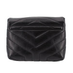Black quilted leather crossbody bag, back view with chevron stitching