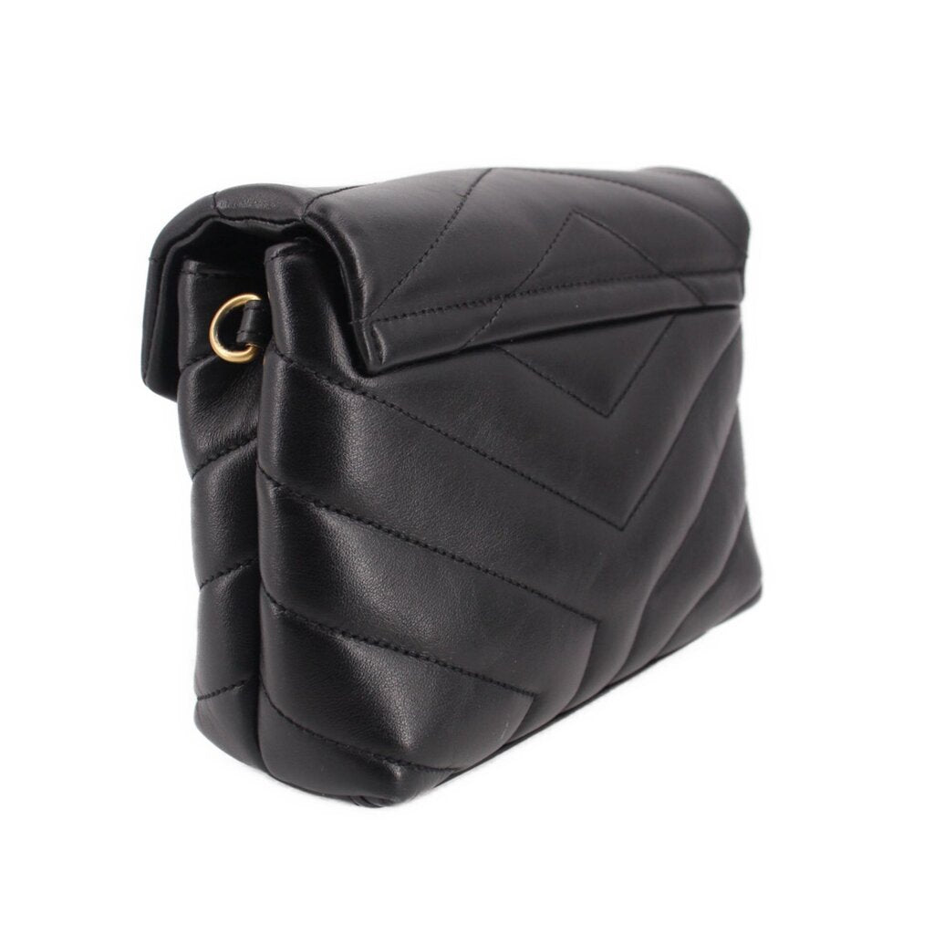 Black quilted leather crossbody bag, top flap and side strap detail with YSL logo