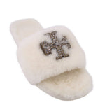 TORY BURCH JEWELED SHEARLING SLIPPER SANDALS CREAM 9.5 US