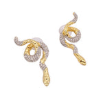 Crystal serpent hoop earrings, gold-tone with silver-tone pave and drop