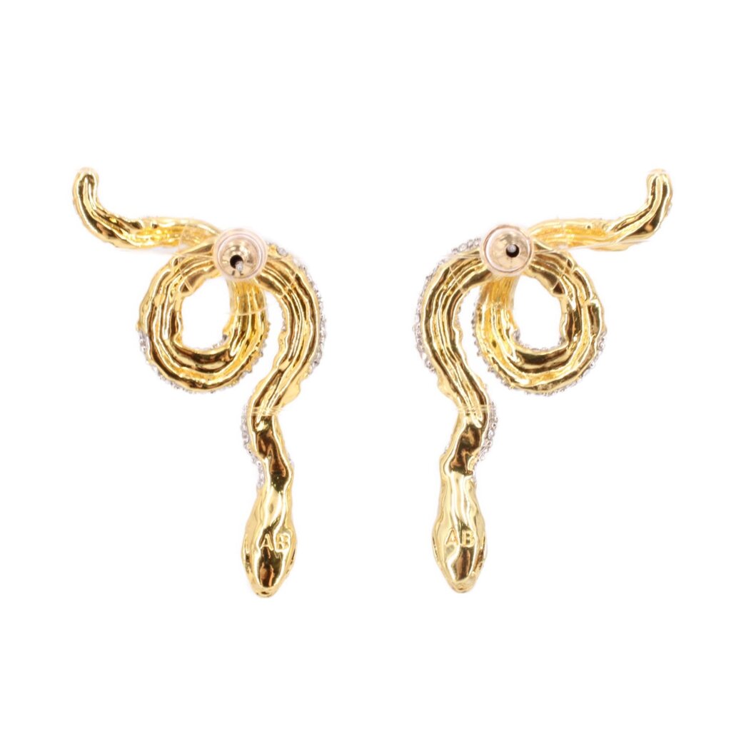 Gold-tone serpent drop earrings with layered spiral hoops and stud backs