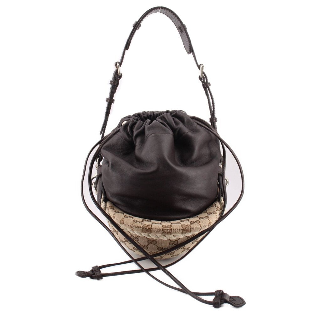 Brown canvas drawstring shoulder bag with black satin pouch and braided trim