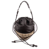 Brown canvas drawstring shoulder bag with black satin pouch and braided trim